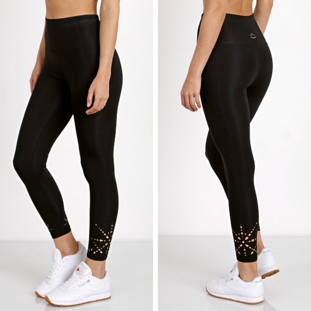 Beyond Yoga Knit Down High Waisted Midi Legging Black lasercut cuffs Women's XS